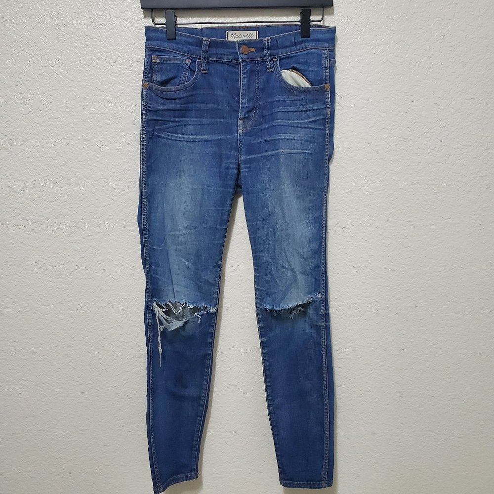Madewell Higher rise skinny jean busted knee denim blue